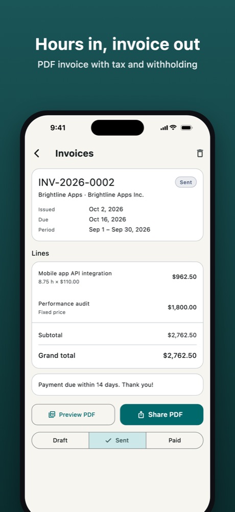 A PDF-ready invoice with its lines